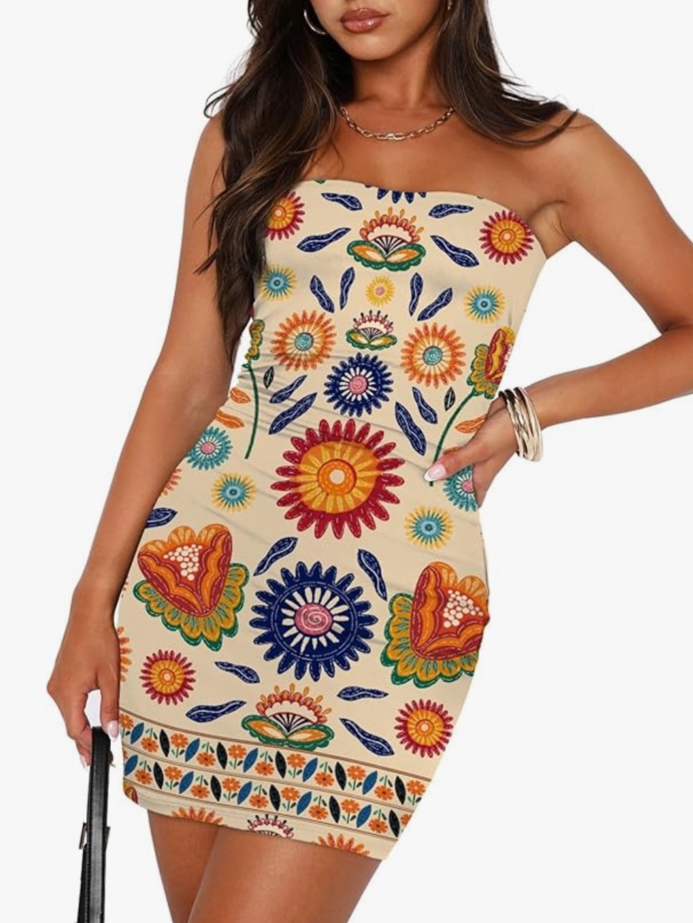 Chic Nation Strapless Floral Bodycon Dress - Beige with Multicolor Print